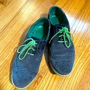 JOHNSTON & MURPHY - navy brogue oxford wingtips suede, green soles - 6.5 women
